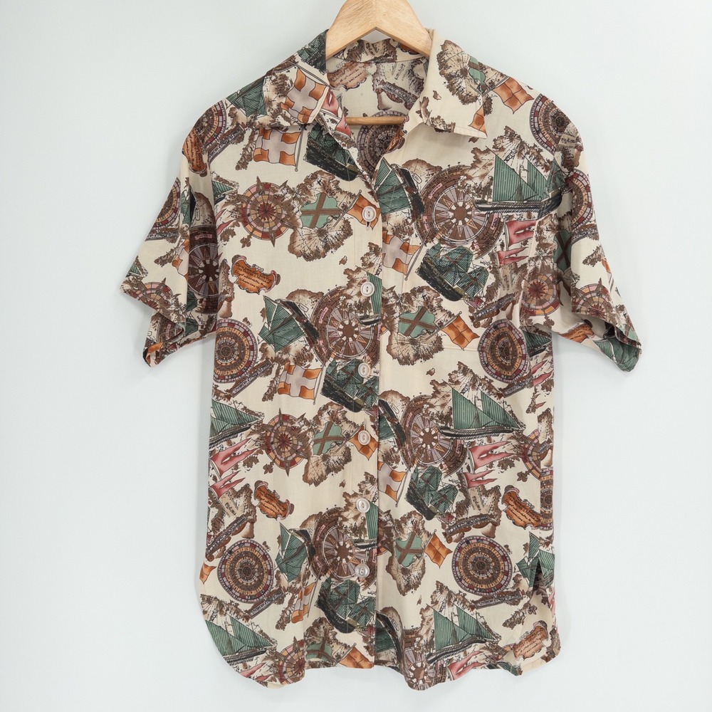 Vintage 60s Nautical Shirt Mens M Beige Map 70s Maritime Short Sleeve Retro Sea